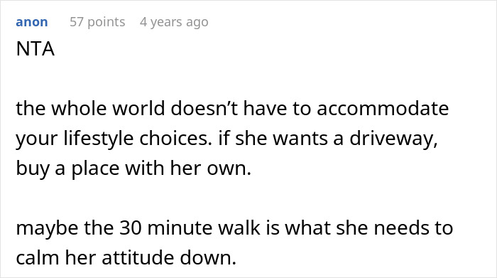 Comment discussing a disabled woman&rsquo;s claim on neighbor&rsquo;s driveway and suggesting she should buy her own property.
