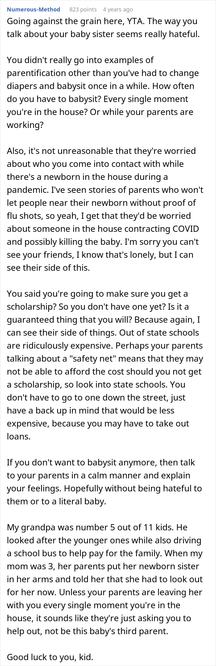 Screenshot of a Reddit comment discussing a teen refusing to be a live-in babysitter for parents. - 24