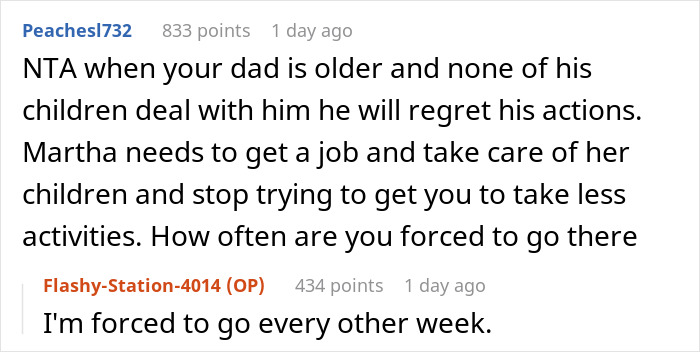 Reddit discussion about dad wanting daughter to accept stepmom and kids distancing themselves from him. - 17