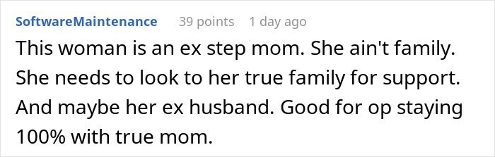 Screenshot of a forum comment discussing a stepmom and teen&rsquo;s dad going AWOL and refusal to help with half siblings.