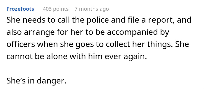 Comment discussing police involvement and safety concerns for a woman facing verbal and physical violence in a troubled relationship. - 34