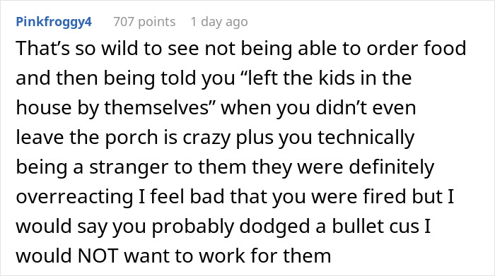 Comment discussing the overreaction of not being allowed to order Doordash while babysitting, feeling unfairly judged. Comment discussing the overreaction of not being allowed to order Doordash while babysitting, feeling unfairly judged.
