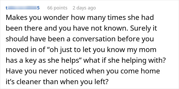 Comment discussing confusion over fiancee's reaction to MIL having house key without her knowledge. - 16