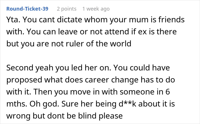Comment discussing man threatening to cut off his mother over friendship with vengeful ex in online forum. - 51