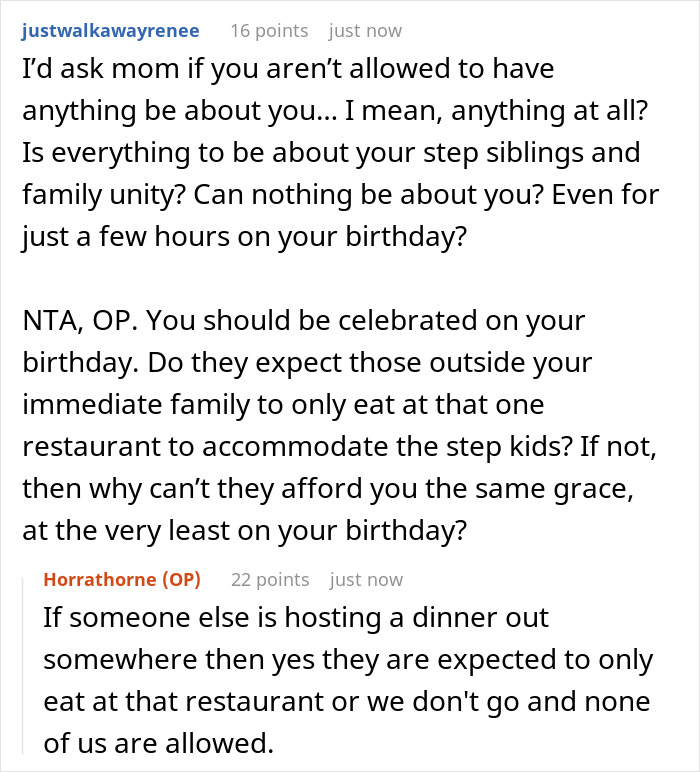 Screenshot of a Reddit conversation discussing parents ignoring teen&rsquo;s birthday wishes due to stepkids&rsquo; allergies.