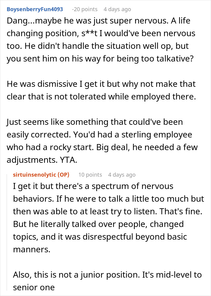 Reddit comments discussing a guy who walked into a job interview with a high chance of getting hired but blew it quickly.
