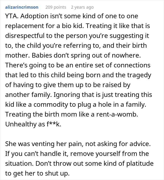 Comment discussing a baby-mad woman who can&rsquo;t conceive, has relationship struggles, and reacts strongly to adoption advice.