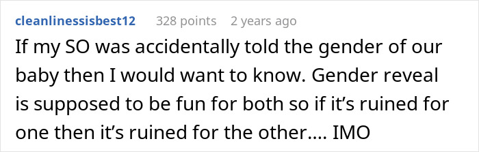 Comment discussing husband&rsquo;s reaction after wife might have spoiled the gender of their baby in an online forum.