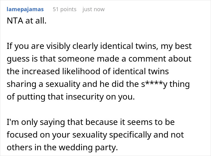 Screenshot of an online comment discussing identical twins, sexuality, and wedding party dynamics in a text post.