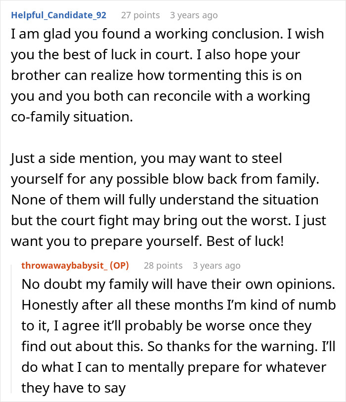 Reddit conversation about bio dad refusing babysit causing family drama and preparing for court and family backlash.