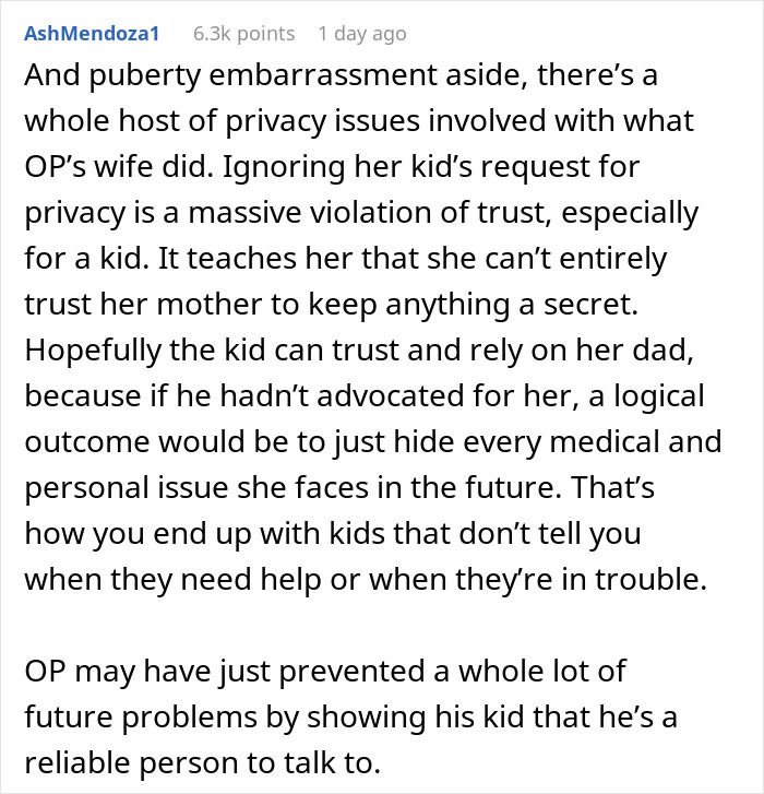 Comment discussing privacy issues and trust concerns in a mom's menstruation celebration for her 12-year-old daughter. - 26