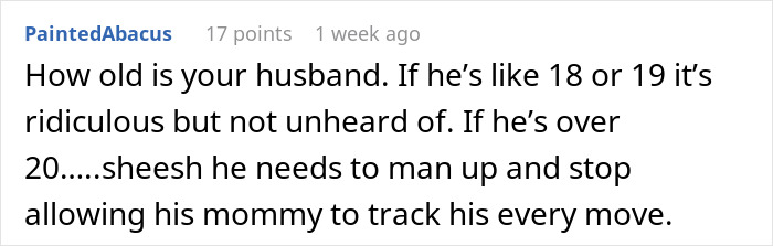 Comment about husband&rsquo;s age and criticizing mil-tracking-app-son for allowing excessive tracking by his mother.