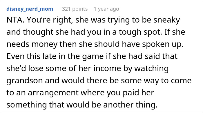 Reddit comment discussing refusal to pay MIL for babysitting toddler and negotiating childcare payment arrangements.