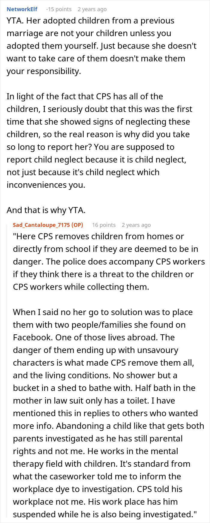 Text conversation discussing a mom of six trying to dump adopted kids on ex, leading to CPS intervention during divorce.