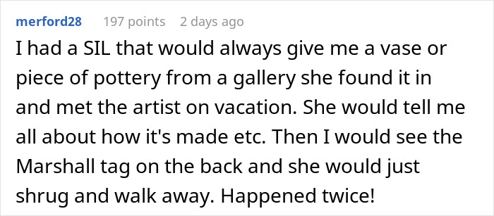 Woman realizes the family heirloom from her mother-in-law is only worth thirty dollars after close inspection.