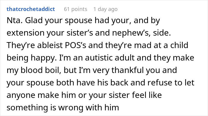 Comment criticizing groom's parents for calling bride self-centered over support for autistic nephew during family conflict. Comment criticizing groom's parents for calling bride self-centered over support for autistic nephew during family conflict.