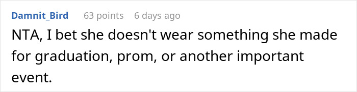 Screenshot of an online forum comment where a user discusses a woman refusing to wear her niece&rsquo;s handmade dress for a career event.