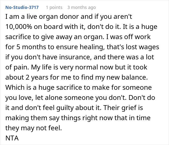 Screenshot of a comment explaining the challenges and sacrifices of being a live organ donor, emphasizing personal experience.