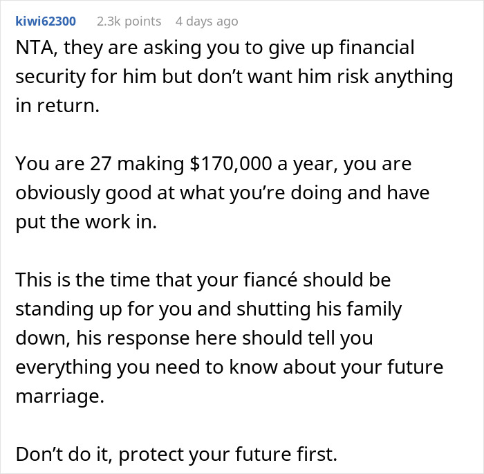 Comment discussing in-laws demanding woman quit job as it’s emasculating their son and her strong clapback. - 23