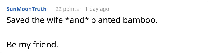 Man helps domestic violence victim escape while planting bamboo in perpetrator's garden as symbolic revenge gesture.