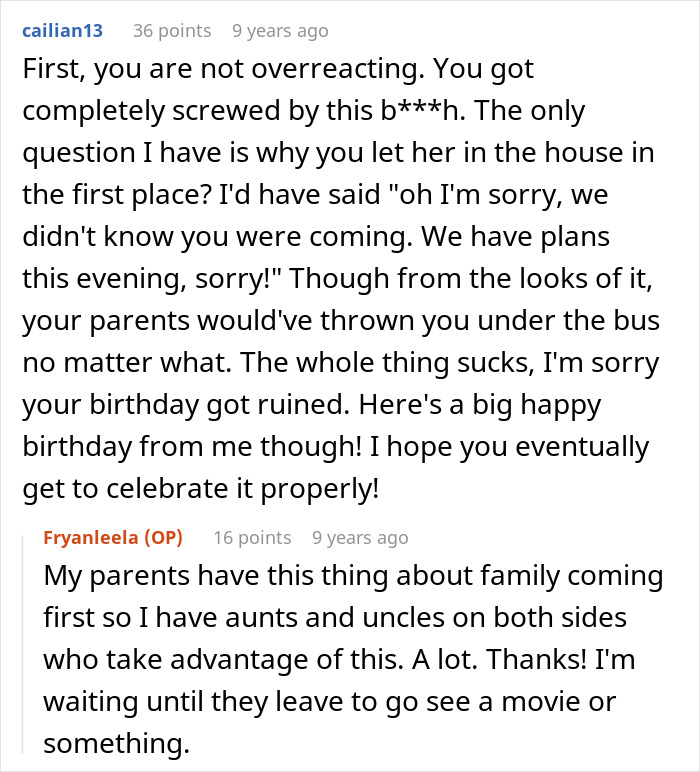 Text conversation discussing an aunt invading home, demanding free childcare, causing birthday disruption, and emotional responses. - 18