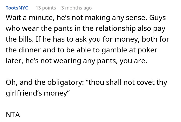 Comment discussing boyfriend asking for money and getting mad when she refuses to pay in front of friends. - 30