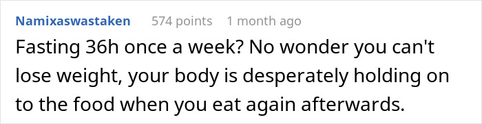 Comment about fasting and weight loss, highlighting the body's response to holding on to food after fasting periods. Comment about fasting and weight loss, highlighting the body's response to holding on to food after fasting periods.