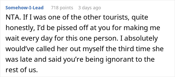 Screenshot of a forum comment discussing a tourist oversleeping multiple days and blaming the guide for not waking her. - 21