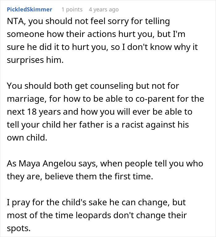 Comment discussing counseling and co-parenting after a lady was accused of cheating due to daughter's dark skin and DNA test results. - 54