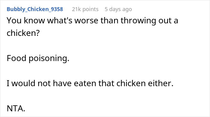 Comment about raw chicken and food poisoning, warning about biohazard and refusing to eat unsafe chicken. - 15