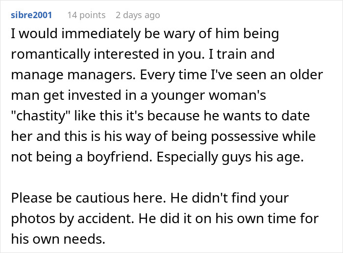 Comment warning about a boss who doesn’t want employee bikini pictures posted, advising caution and awareness. - 33