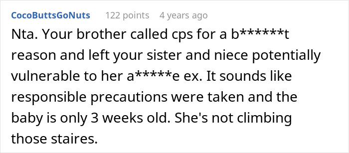 Reddit comment discussing CPS visit after brother reports unsafe loft, with sibling supporting woman’s safety precautions. - 21