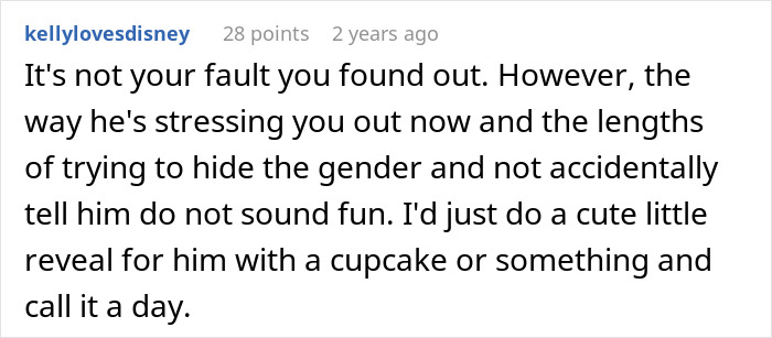 Comment discussing stress caused by husband over wife possibly revealing gender of their baby and suggesting a cute reveal idea.