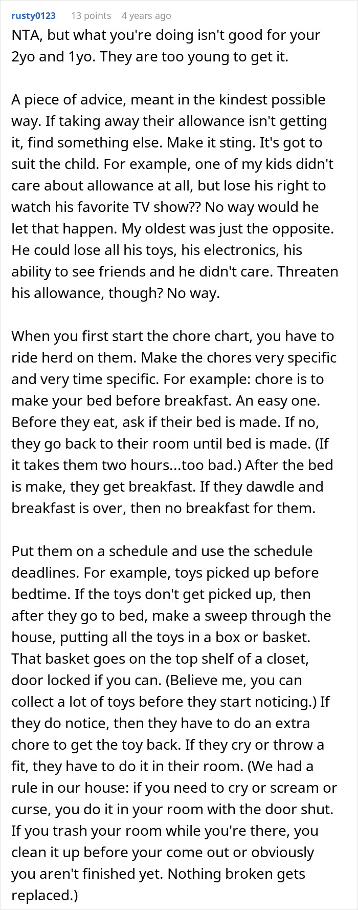 Reddit advice comment on parenting strategies about chores and discipline from a mother letting family live in filth to teach lesson.