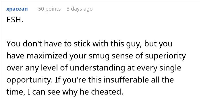 Screenshot of online comment discussing smugness and cheating in a mother-in-law and son relationship conflict.
