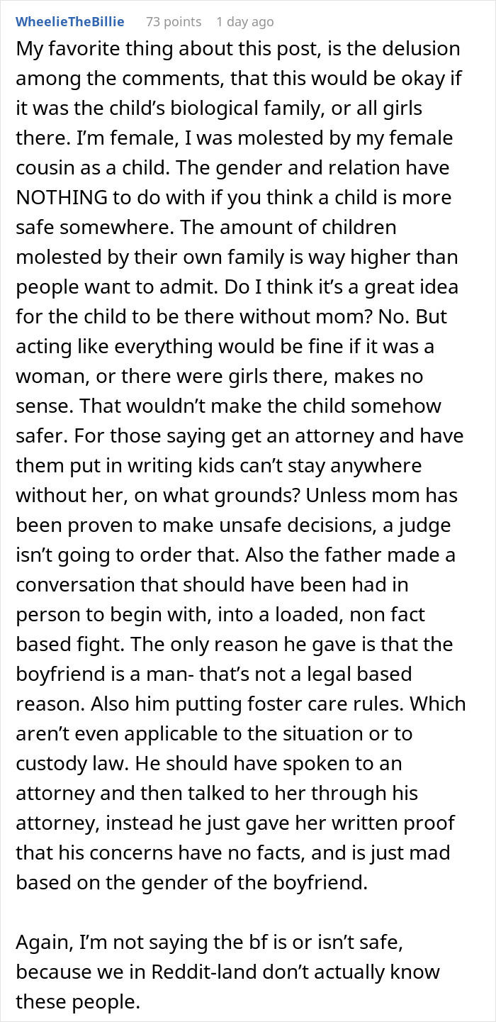 Comment discussing concerns about child safety when an 8-year-old spends the night at mom's boyfriend's house.