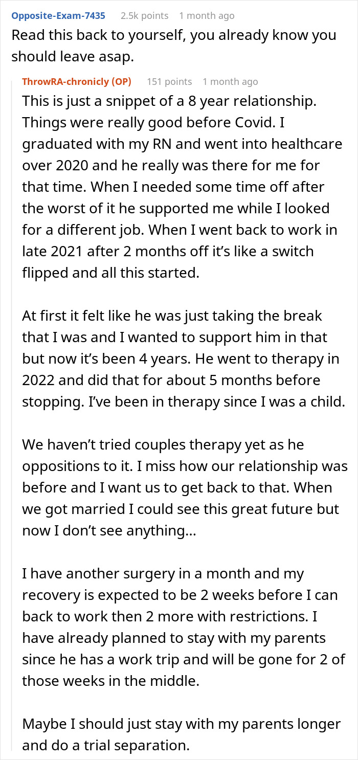 Text conversation about relationship struggles after COVID, husband demands child and opens marriage, wife considers divorce papers. - 23