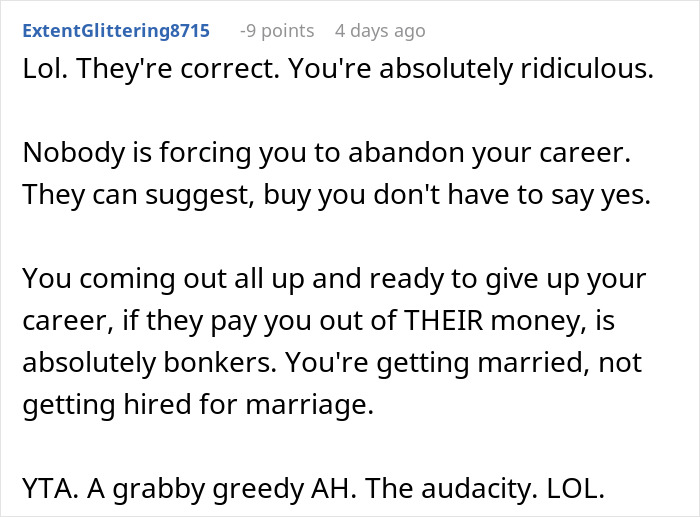 Screenshot of a Reddit comment discussing in-laws demanding a woman quit her job, calling it emasculating and responding with a clapback. - 46