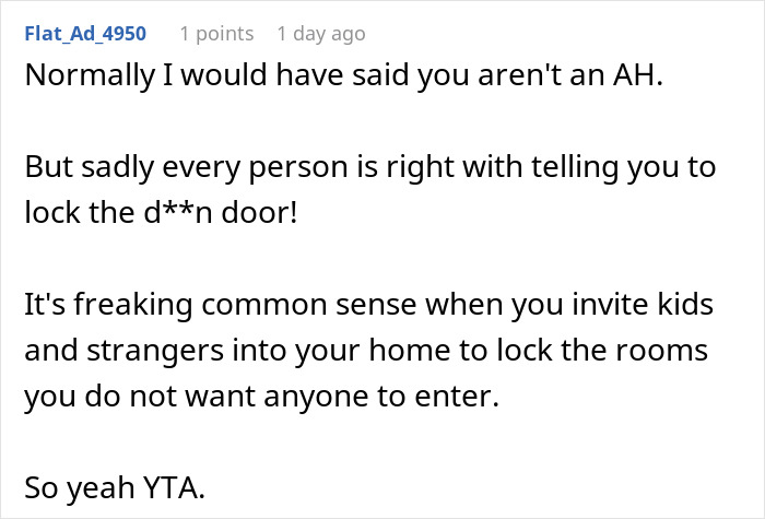 Text post from user Flat_Ad_4950 commenting on locking doors during a child's party after a sentimental toy was broken.