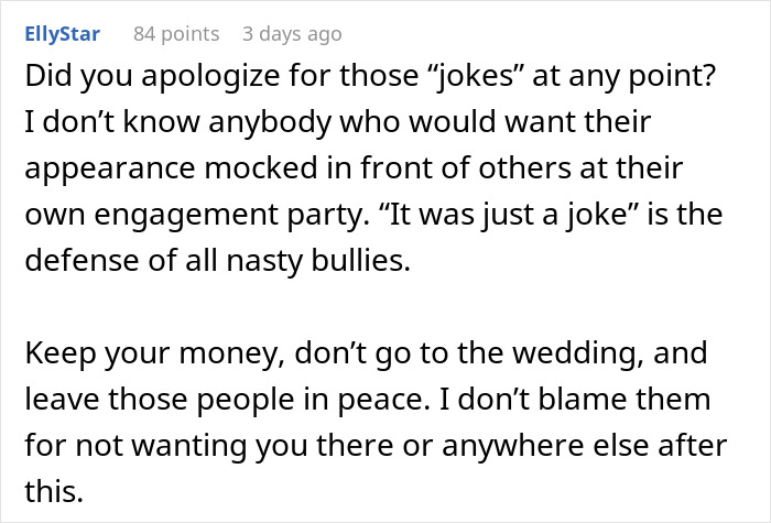 Comment discussing a bride banning a groom’s brother-in-law for a discount insult and refusal to lend $2K. - 17