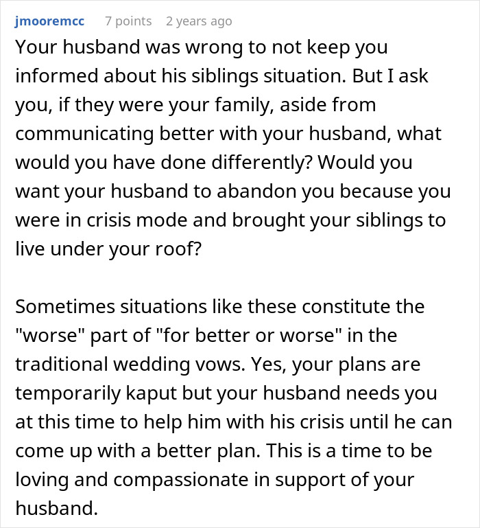 Alt text: thoughtful online comment about husband&rsquo;s sudden decision to move in disabled siblings raising marriage concerns