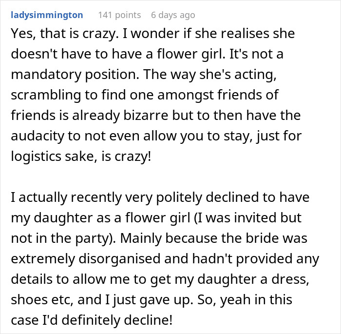 Woman too stunned to answer acquaintance’s unusual request to lend her daughter for wedding duties. - 17