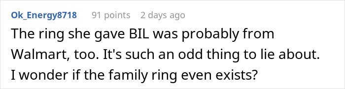 Screenshot of an online comment discussing a woman realizing her family heirloom from her MIL was only worth $30.