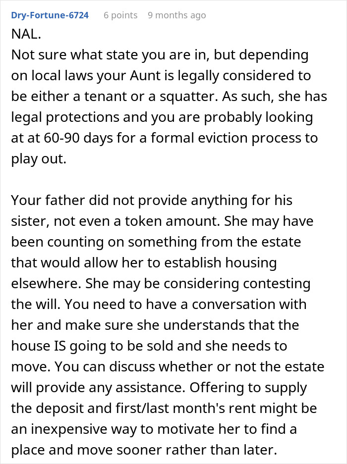 Comment explaining legal protections and eviction process for aunt living rent-free in inherited family house.