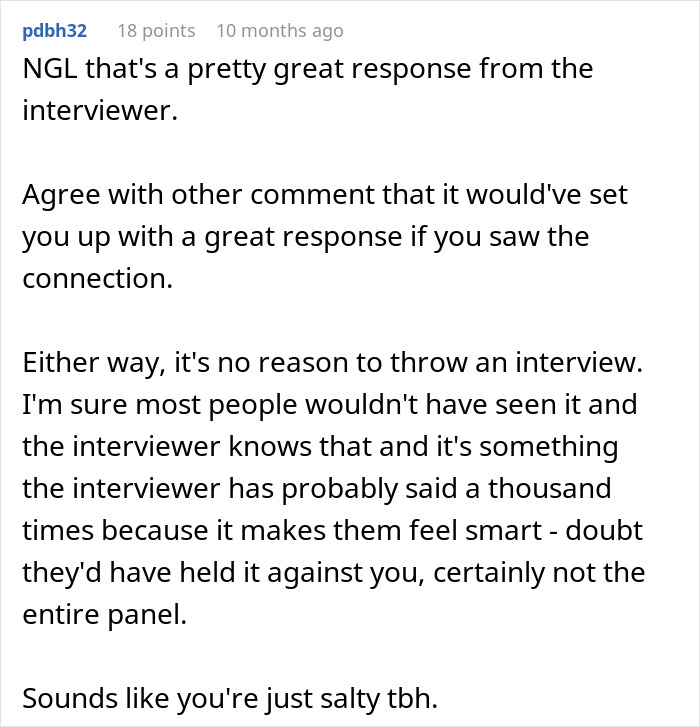 Comment discussing a man upset with recruiter judging his work ethics over a random Grand Canyon question. - 20