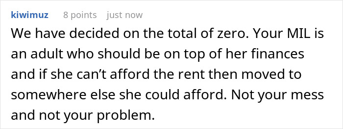 Screenshot of a Reddit comment discussing a mother-in-law demanding full rent payment and acting entitled after receiving half.