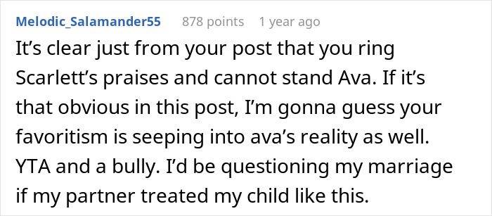 Reddit comment discussing stepmom bans on teen from family dinners due to singing and favoritism issues. Reddit comment discussing stepmom bans on teen from family dinners due to singing and favoritism issues.