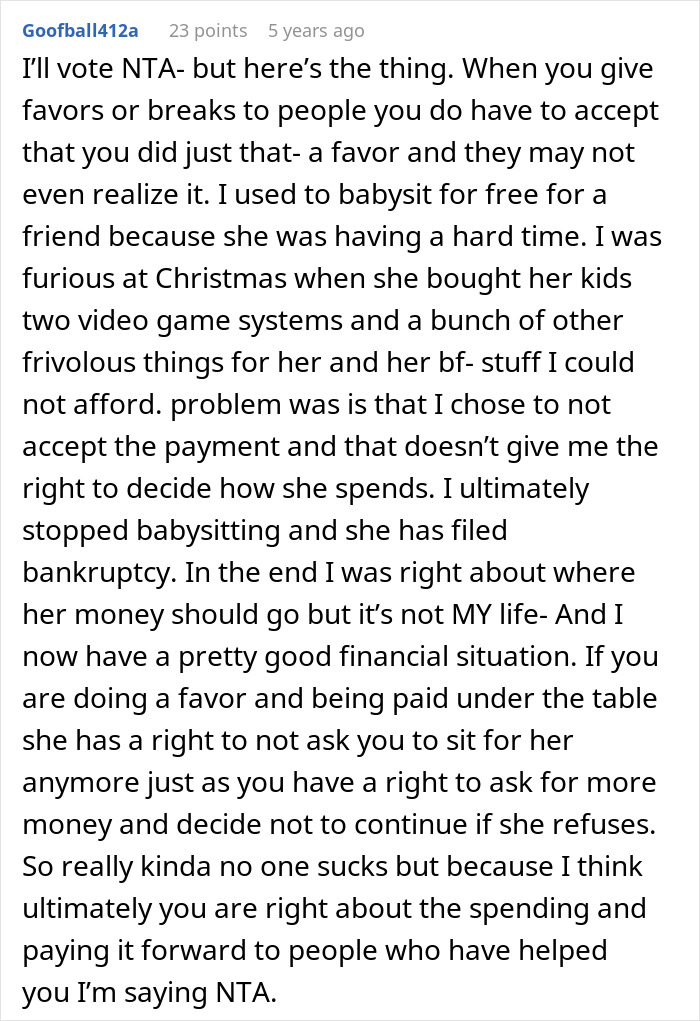 Comment discussing a person upset their friend doesn’t pay more after winning the lottery and deciding to stop babysitting. - 29