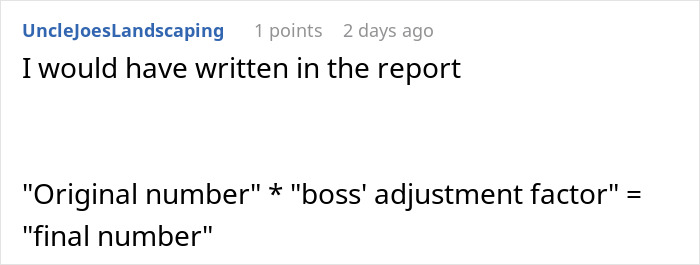 Screenshot of a forum comment discussing boss&rsquo; request to fudge data to improve department results.