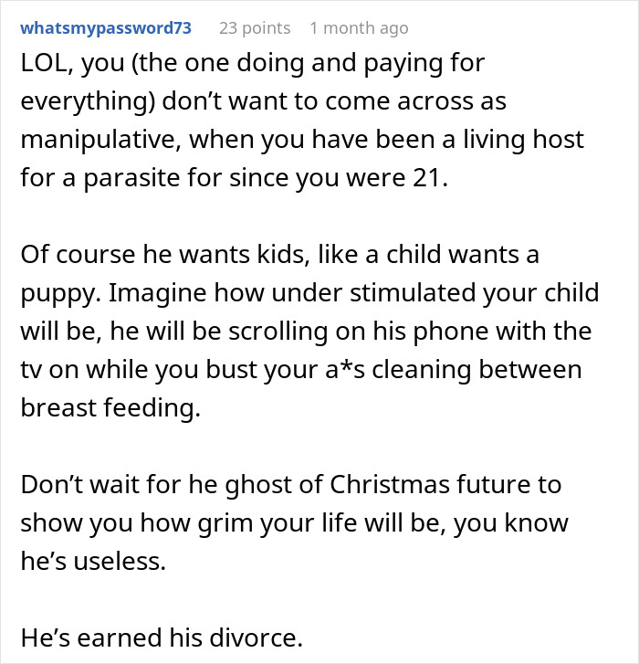 Comment discussing husband demands wife has his child and consequences leading to divorce papers being given. - 38